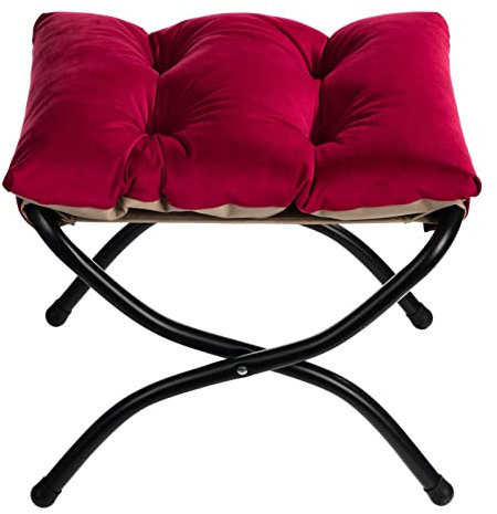 HollyHOME Fußhocker Klappbar Fußablage Fußstütze Faltbar Sitzhocker mit Metallbeinen Fusshocker mit Abnehmbar Gepolsterte Sitzfläche Samt, Rot