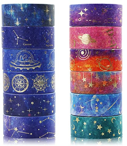 Juego de 12 rollos de cinta Washi, cinta adhesiva decorativa de Washi de color morado galaxia, cinta adhesiva decorativa para álbumes de recortes, manualidades, decoración de envoltura de regalos