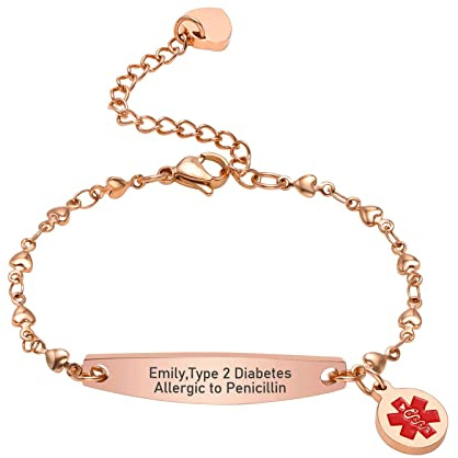 VNOX Personalised Medical Alert Bracelet for Women - Heart Link ID Bracelet | 316L Stainless Steel Bracelets Adjustable with Emergency Charm, Free Engraving for Name, Condition, Allergy and ICE Contact