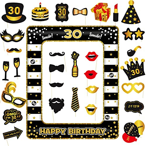 32 Pezzi Photo Booth Compleanno 30 Anni, VEGCOO Gadget Foto Props Accessori Kit, Puntelli per Cabine Fotografiche Accessori Photo Booth per Festa Celebrazione (30)