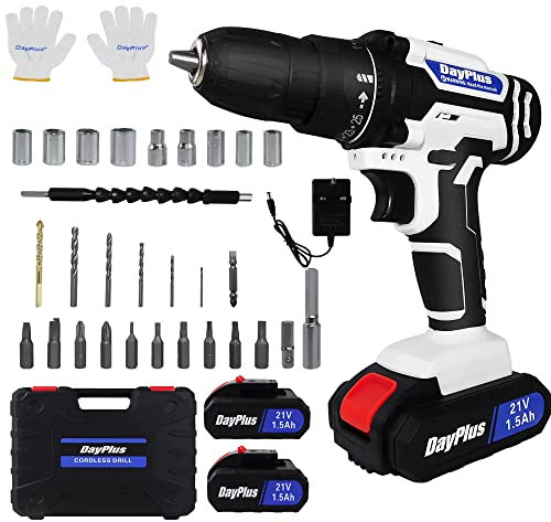21V Cordless Power Drill Set,Electric Screwdriver Kit Combi Drill with 2 Speed,25+1 Torque 3/8 Chuck Handheld Drills Driver with 2x1.5 Ah Li-Ion Batteries,Fast Charger,26PCS Drill Bits,1 Kitbox