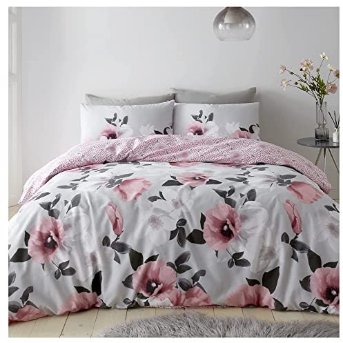 Lions Floral Bedding - Reversible Double Bed Duvet Cover Set with Matching Pillowcase, Soft Printed Flowers Quilt Covers Linen Sets, Poly Cotton, Blush Pink and Grey, 3 Piece, 200x200cm
