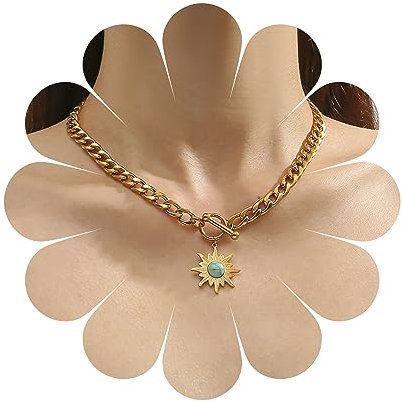 Inilbran Boho Sonnenblume Choker Halskette Punk Chunky Cuban Kette Choker Halskette Gold Türkis Sunburst Anhänger Halskette Vintage Kandare Kette Knebel Bar Verschluss Halskette Für Frauen Und Mädchen
