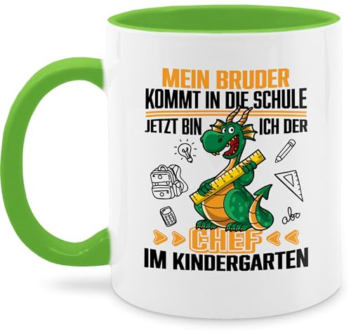 Tasse Tassen 325ml - Hallo - Mein Bruder kommt in die Schule! Jetzt bin ich der Chef im Kindergarten - 325 ml - Hellgrün - geschenk zum kita start kindergartenkind schule mit namen kindergärten