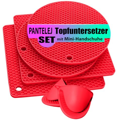 Pantelej Silikon Topfuntersetzer 6er Set - Inklusive 2 Mini-Topfhandschuhen - Hitzebeständig bis 230 Grad - Spülmaschinenfest und rutschfest - Wabenmuster Design - Multifunktional - ROT