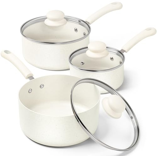 MICHELANGELO Saucepan Sets, Non Stick Saucepans Set, Saucepans with Lid 14cm, 18cm, 20cm, Cooking Pots Set with Lid & Ergonomic Handle, White Granite