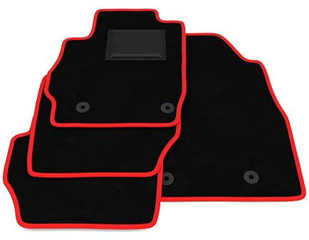 Fußmatten kompatibel mit Mazda 2 2007-2015, roter Rand, maßgeschneiderte Automatten Set, Velours, Autoteppich