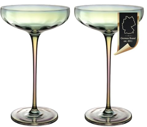Intirilife set med 2 martiniglas champagneglas 140 ml - Coupe cocktailglas champagneglas med regnbågsskimmer och vågform - blyfritt kristallglas, diskmaskinssäkert, stötsäkert - barfest bröllop