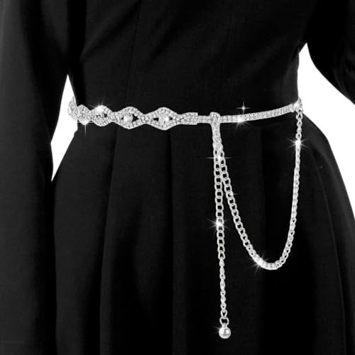 GEEHUA Women Waist Chain Belt, Metal Rhinestones Link Belt Ladies Jeans Dresses Belt Fashion Waist Belt for Women (Silver)