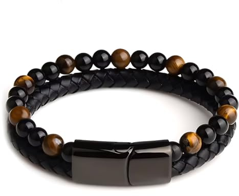 ARHZ bracelet homme cuir vintage pour hommes, bracelet pour hommes,oeil de tigre bracelet cuir,Bracelet double couche(21 cm)