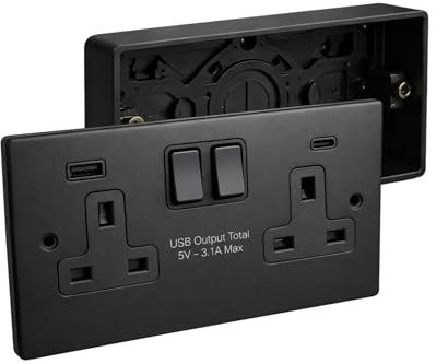 SH|P® 2 Gang 13A Switched Socket with USB A & C FastCharge (15W Total) – Matte Black Finish with 35mm Surface Pattress Box Included
