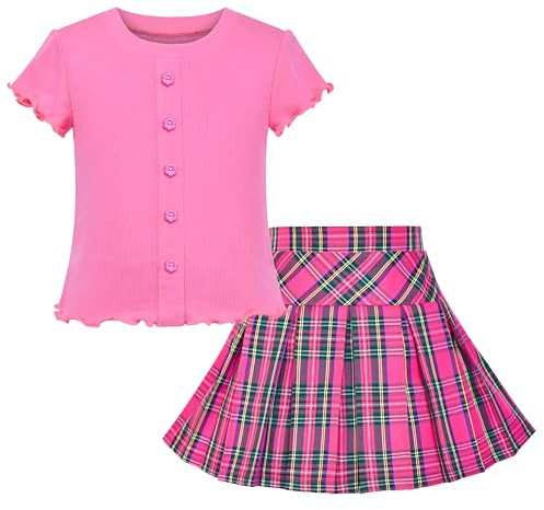 Girls 2 Piece Set Skirt T-Shirt Crop Rib-Knit Plaid Casual School Age 9-10 Years Pink