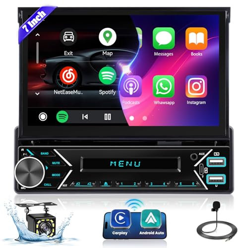Ohradio Autoradio 1 Din con Schermo Motorizzato, Wireless Carplay e Android Auto, 7 Pollici Touchscreen Radio Auto con Radio FM, USB, Bluetooth, SWC + Retrocamera