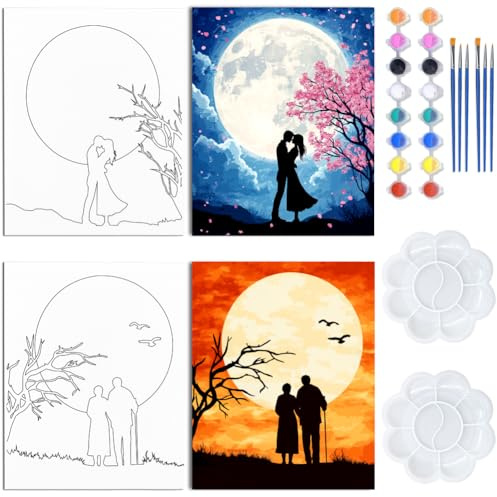 WEBEEDY Vorgezeichnete Leinwand Zum Malen 203x245mm Aufgespannte Leinwand Paare Malset Date Night Spiel Für Kunstpartys Dekor Picknickdate Geschenke zum Jahrestag der Hochzeit DIY Wanddekoration