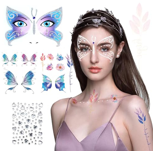 Gesichtstattoo Karneval Schmetterling Tattoo Gesicht, Gesichtstattoo Glitzer Schminke Temporäre Tattoos, Ablösbare Gesicht Aufkleber Face Paint für Fasching, Karneval, Kinder und Erwachsene, Bunt