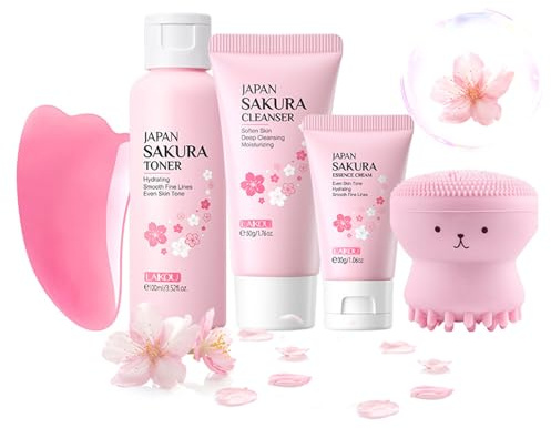 Skincare Set For Teenage Girls Gifts,Sakura Face Care Gift Set,Beauty Skin Care Sets&Kits for Women,Pamper Set Teen Girl Gifts, Toner, Cleanser, Cream,Facial Cleansing Brush, Face Guasha Tool