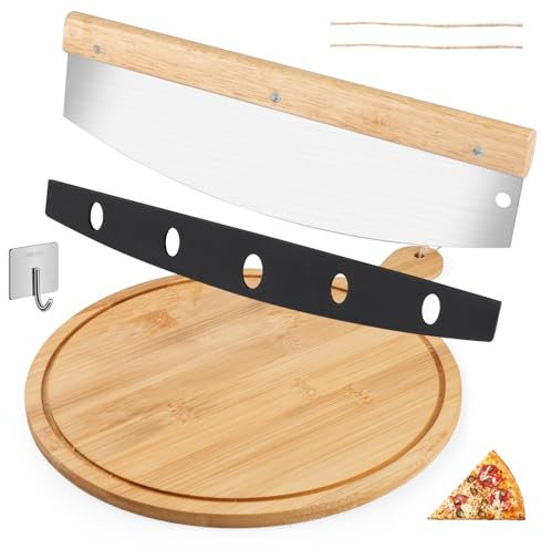 URHRHU Redondo Tabla de Pizza Madera + Pizza Cutter con Acero Inoxidable Mover la Pizza Fácilmente Cortador de Pizza con Funda Protectora Corta Pizza para Pizza Pastel Pan
