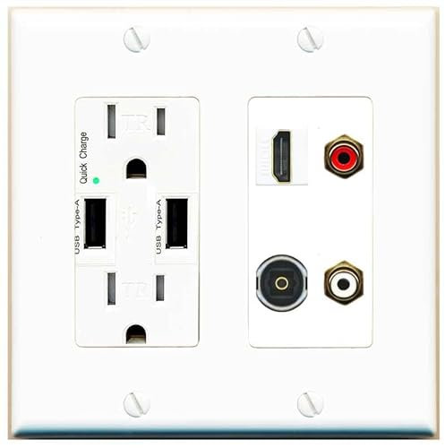 RiteAV Placa de pared óptica Toslink de 2 puertos RCA (rojo-blanco) 1 HDMI Toslink, cargador USB [blanco]