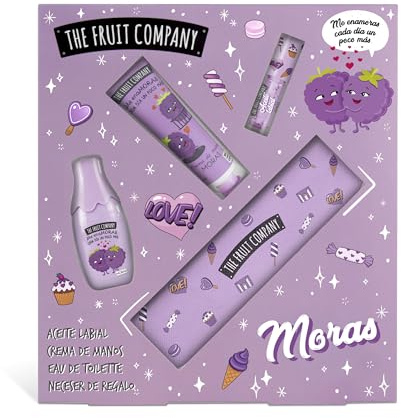 The Fruit Company Set Regalo Summer Mora | Pack de Aceite Labial, Crema de Manos, Colonia Eau de Toilette y Neceser | Cosméticos con Aroma a Mora | Edición Verano