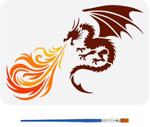 FINGERINSPIRE Malschablone Mit Brennendem Drachen Mit 1 Kunststoff Pinsel 21x29.7cm Drachenschablone Flammenschablone Drachenflammenschablone Zum Bemalen von Wänden Holzmöbeln Heimwerkerdekoration