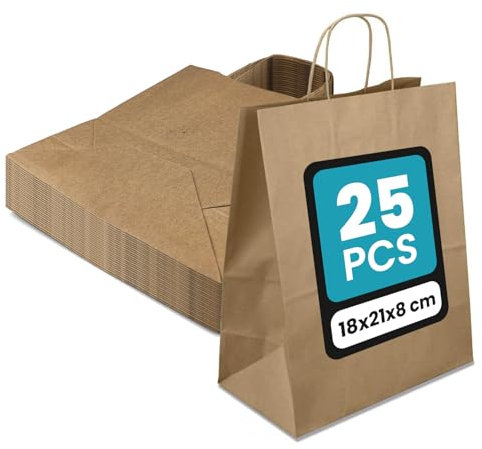 Netuno 25 Papiertaschen mit Henkel Braun 18 x 21 x 8 cm farbige Papiertüten Kraftpapier mit Griffen Geschenktüten Kraft Papierbeutel Papiertragetaschen Öko Kraftpapiertaschen Tragetaschen paper bags