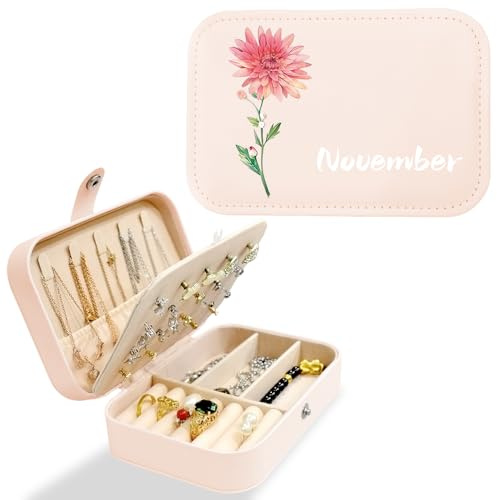 Personalized Travel Jewelry Box with Birth Flower, PU Leather Small Jewelry Organizer for Women Girls, Portable Travel Case Display Storage Holder Boxes for Earrings,Rings,Necklaces, Bracelets