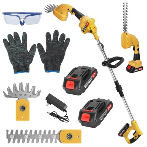 Fiauli 21 V Pole Hedge Trimmer, 2 in 1 Pole Mini -Hedge -Trimmer & Grasschere, 30 Grad Verstellbare Elektroverschlimmer mit Verlängerungsstange, kabellos mit 2 Batterie und Ladegerät Gelb