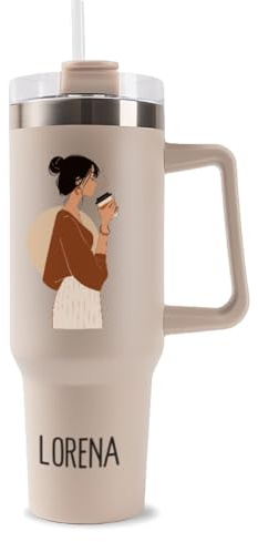 DEREGALOOS Botella Termo Personalizada 1,18 L Acero Inoxidable. Vaso con Asa y Pajita. Personaliza con Foto/Texto o Diseño. Regalo Original Mujer Hombre (Beige - Personalizable Imagen/Texto)