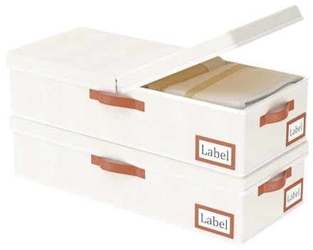 Yawinhe 27L Boite Rangement Sous Lit,Lot de 2 Rangement Vetement,Beige | Housse Rangement Couette avec Poignée en cuir,Organisateur Placard avec 2 fentes;Tiroir Sous Lit avec 4 Poignées Renforcées