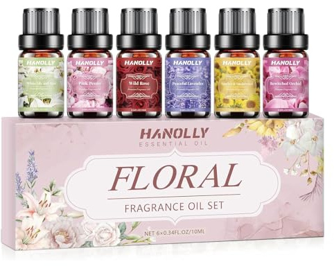 Hanolly 6x10ML Blumen Ätherische Öle Set, Natürliche Duftöle für Diffuser - Weiße Lilie und Aloe, Rosa Pfingstrose, Wildrose, Sonnenblumen Sandelholz, Verzauberte Orchidee, Friedlicher Lavendel