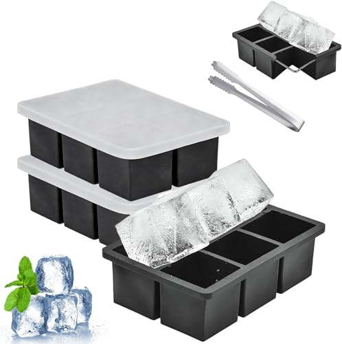3 Pack Large Silicone Ice Cube Moulds with Lid & Tongs | 2-Inch Silicone Ice Cube Trays for Whiskey with Steel Frame Reinforcement for Whisky, Cocktails, Coffee, Tea-Easy Release