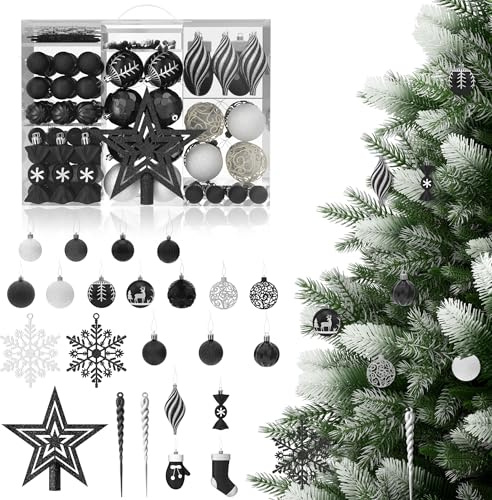 ACXIN 138er Set Weihnachtskugeln aus Kunststoff, Bruchsicher, Glänzend und Matt Christbaumkugeln, Weihnachtsbaumkugeln Baumschmuck Weihnachten für Festliche Dekoration, Schwarz