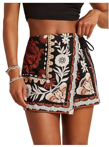 GORGLITTER Women's Boho Floral Wrap Mini Skorts Skirt Shorts Black