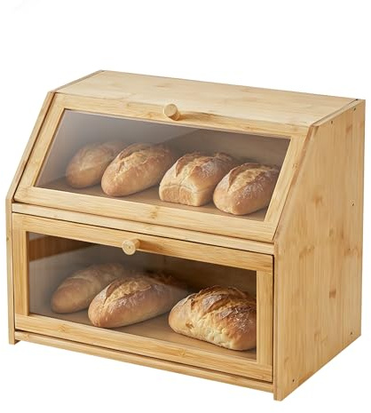 RMNKTHC Panera de bambú de 2 Niveles – Recipiente para Pan con Puerta de acrílico y diseño de Escalera, Especias y Accesorios de Cocina, Caja de Almacenamiento ahorradora de Espacio para Cocina