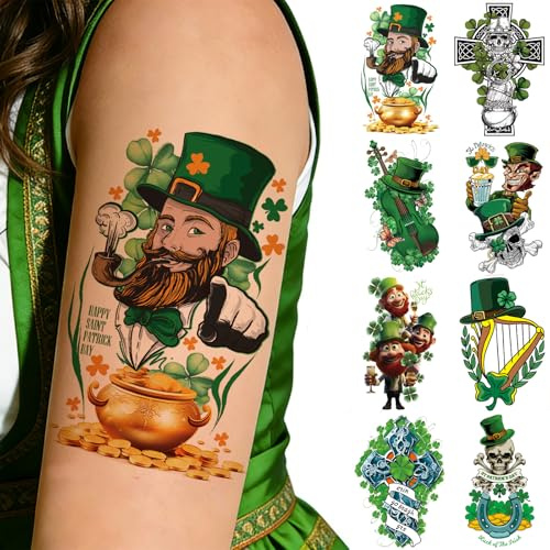 8 Sheets St Patrick's Day Temporary Tattoo for Men Women Adults,Shamrock Irish Green 3D Half Sleeve Temporary Tattoos,St. Patricks Day Parade Tattoos Stickers