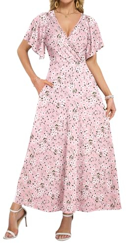 WNEEDU Robe Longue Portefeuille d'été pour Femme avec Poches et col en V | Robe longue élégante à manches volantées Robe pour invitée de mariage à taille empire Soirée Vacances