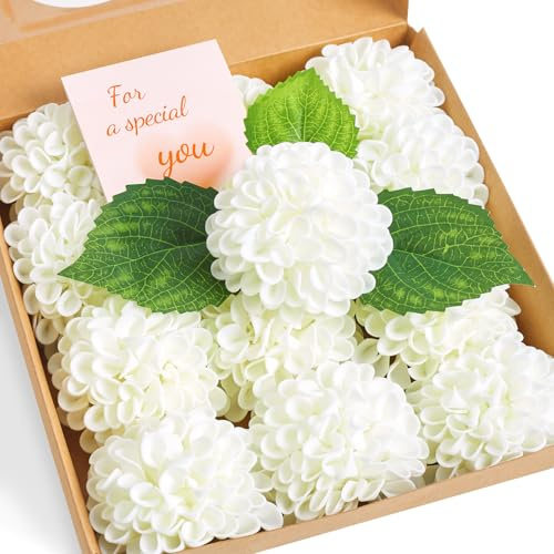XIANNVXI 12 Stück Milchig Weiße Kunstblumen Dahlien Künstliche Blumen Weiß Schaum Hortensie Fake Blumen Deko Chrysanthemen Vasen für Blumenarrangements, Hochzeiten, Brautstrauß 6 Blätter 25cm Stängel