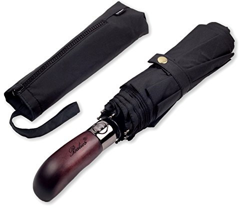 Balios Folding Umbrella Wood Handle Auto Open Close Vented Canopy Black