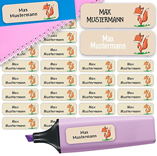 Namensaufkleber Fuchs personalisiert wasserfest 60 Stück Schule Kita Kinder | Namenssticker mit Wunschname für Brotdose Trinkflasche Stifte Schule Federmappe Kindergarten Schulstart spülmaschinenfest