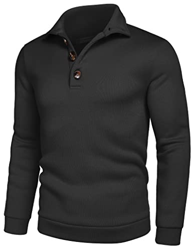 COOFANDY Mens Slim Fit Polo Sweatshirt Long Sleeve Turndown Collar Pullover Knitwear with Thermal Napping Inside Black