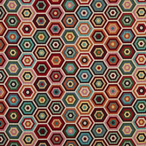 Kt KILOtela - Polsterstoff, Möbelstoff, Jacquard Gobelin, Dekostoff, Modische Accessoires, Tischdecke, Vorhang, Dekoartikel, 100 cm Länge x 280 cm Breite, Konzentrische Sechsecke, Mehrfarbig - 1 Meter
