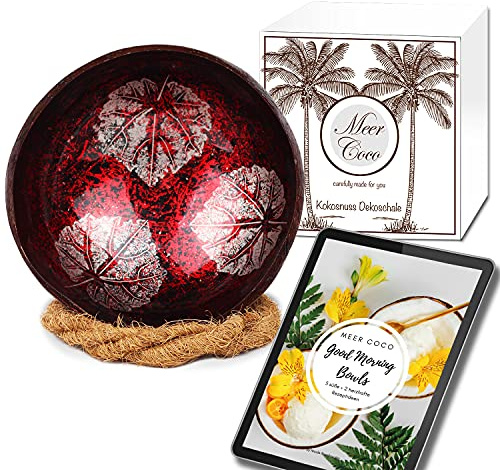 Meer Coco I Bol en noix de coco rouge I avec livre de recettes I Coffret cadeau I Bol en noix de coco et support I Idéal comme bol à acai, petit déjeuner et collation I Bol décoratif I Convient à un