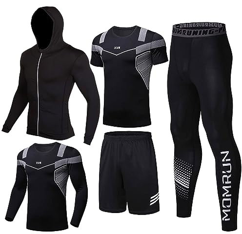 BOOMCOOL Ensemble de survêtement 5 pièces pour homme - Tenue de course à pied - Chemises à manches longues - Leggings et shorts - Vêtements de sport pour athlétisme, E1., M