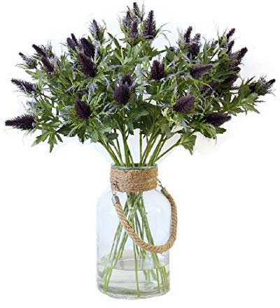 Xidmold 4 Bundles Purple Grey Artificial Thistle Spray Real Touch Eryngium Sea Holly Flowers Bouquet Faux Decorative Flower for Wedding Centerpieces Home Shop Office Restaurant Party Table Decor