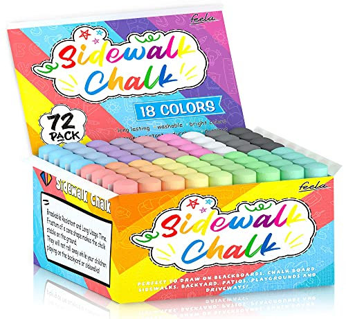 feela Straßenkreide, 72 Stück Straßenmalkreide in 18 Farben, ungiftige Strassenkreiden für Kinder, Jumbo-Kreide für Familie & Schule, abwaschbare Kreide für Malen auf Straßen, Tafeln und Spielplätzen