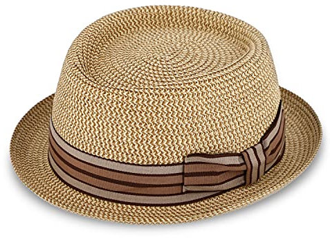 fiebig Wallku Pork Pie Papierhut mit farbigem Ripsband | Sonnenhut aus 100% Papier | Melange Porkpie in vielen Größen (61-XL, Beige)