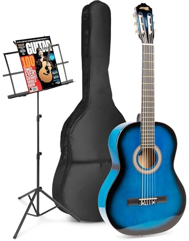 MAX SoloArt Konzertgitarre 4/4, Akustik Gitarre für Anfänger mit Tasche, Stimmgerät, Plektrum, Notenständer, Gurt und Zubehör, Acoustic Guitar, Akustikgitarre in Blau