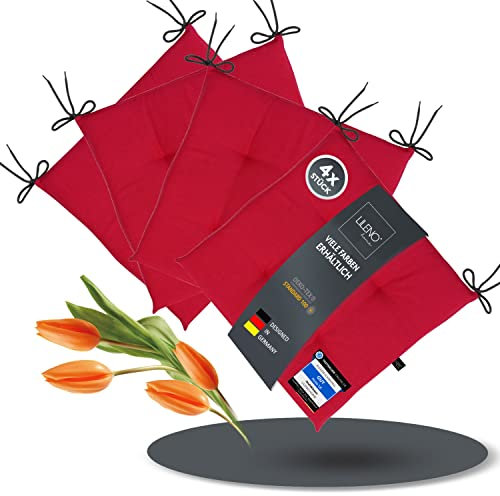 LILENO HOME 4er Set Stuhlkissen Rot (40x40x4,5 cm) - Sitzkissen für Gartenstuhl, Küche oder Esszimmerstuhl - UV-beständige Indoor u. Outdoor Stuhlauflage als Stuhl Kissen (Laura FUM)