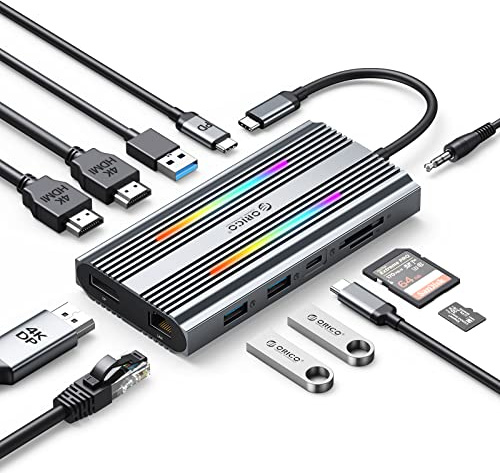 USB Docking Station, USB C Hub ORICO 12 en 1 con HDMI 4K Dual, DP 4K@60Hz, PD 100W, Ethernet, 3 USB 3.0, SD/TF, 3,5mm Audio, 14 Modos de iluminación RGB, Compatible con Windows/Mac OS