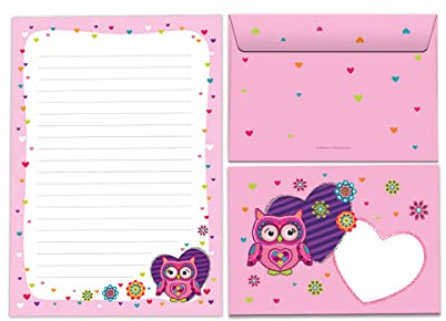 JuNa-Experten Briefpapier-Set A5 mit Umschlägen Eule für Mädchen (25 Blätter + 15 Umschläge)